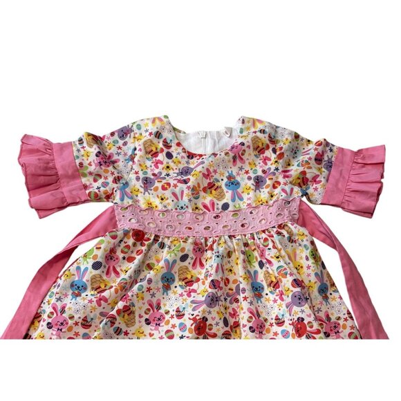 Baby Girls Floral Easter Bunny Dress Ruffled Sleeves Back Bow Ties 80cm 12-18M - Picture 2 of 9